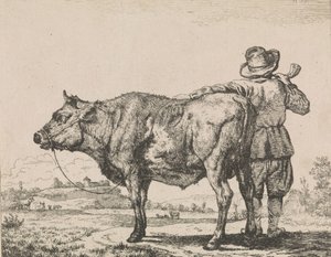 Mies seisoo härän kanssa tekijältä Adriaen van de Velde