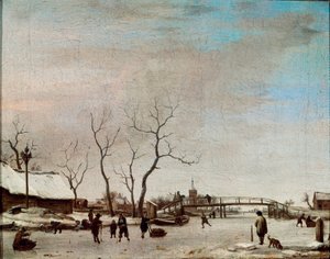 Riviere Gelee luistelijoiden kanssa Adriaen Van de Velde le jeunen maalaus (1636-1672) 1668 Dim. 23x30 cm Pariisi, Musée du Louvre tekijältä Adriaen van de Velde
