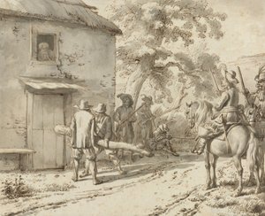 Sotilaat pakottavat oven, 1669 (kynä- ja mustepiirustus) tekijältä Adriaen van de Velde