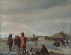 Talvikohtaus golfaajien kanssa jäätyneellä joella, n. 1654-72 (öljy paneelille) tekijältä Adriaen van de Velde