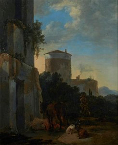 Italialainen kyläkatu, jossa on hevonen, vuohia ja mies aasin selässä. tekijältä Adriaen van der Cabel