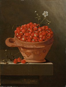 Asetelma mansikoiden kanssa saviruukussa, 1704 tekijältä Adrian Coorte
