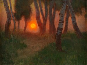 Auringonlasku metsäisessä maisemassa (öljy paneelille) tekijältä Adrian Scott Stokes