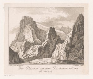 Näkymä jäätikölle Alpeilla Der Gletscher auf dem Gitschenen-Berg (otsikko esineessä)