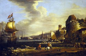 Genovan satama, noin 1660 (öljy kankaalle). tekijältä Adrian van der Cabel