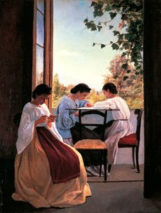Adriano Cecionin (1836-1886) brodeeraajat, öljy kankaalle, 52x41 cm yksityiskohta