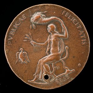 Felicitas istuu, pitelee tähkäkorvia ja heiluttaa Cornucopiae [käänteinen], 1494 tai ennen.