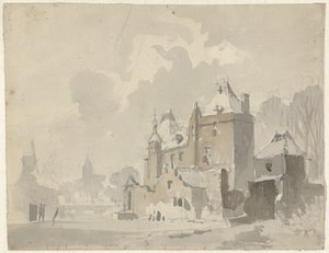 Näkymä kuviteltuun (?) linnaan lähellä kaupunkia tekijältä Adrianus Eversen