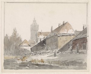 Näkymä taloista kaupungin laidalla tekijältä Adrianus Eversen