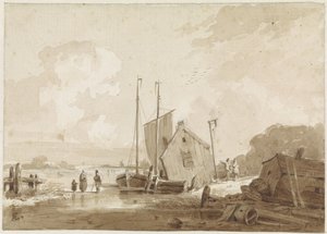 Talvinäkymä hahmoilla veneillä venevajassa tekijältä Adrianus Eversen