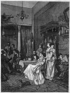Amatöörikonsertti taiteilijan studiossa. Kaiverrus Adrien Moreaun (1843-1906) maalauksen jälkeen teoksessa "The Illustrous Universe" tekijältä Adrien (after) Moreau