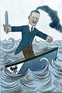 Sarjakuva Wilhelm Cuno (1876-1933), saksalainen meriasioista vastaava poliitikko. Adrien Barreren (1877-1931) piirros Fantasiosta tekijältä Adrien Barrere