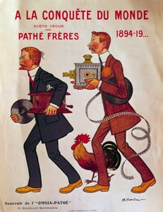 Juliste Pathe-veljistä: "A la conquete du monde" Charles Pathe ja hänen veljensä Emile pitävät yllään fonografeja ja projektoreita. Kuva Adrien Barreresta (1877-1931) 1900-luvun Pariisi, Arsenalin kirjasto
