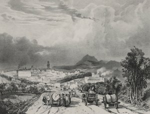 Yleiskuva Riomista, Auvergnesta, 1829. tekijältä Adrien Dauzats