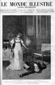 The Death of Scarpia (Monsier Berton), kuva Toscan näytöksestä 4 Sarah Bernhardtin roolissa La Toscana, Le monde Illustren kansi tekijältä Adrien Emmanuel (after) Marie