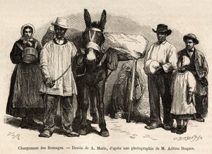 Juustojen lastaus muulin selkään, kohti Roquefortin kellareita, kaiverrus A.Marien piirustuksen mukaan, joka kuvaa matkaa Roquefortiin ja sen ympäristöön, Adrien Roques ja Jules Charton, vuonna 1874, julkaistu "" Le tour du monde””” tekijältä Adrien Emmanuel Marie