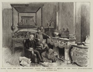 Victor Hugo ja hänen lapsenlapsensa Jeanne ja Georges, luonnos runoilijan työhuoneessa tekijältä Adrien Emmanuel Marie