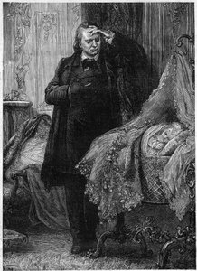 Victor Hugo tarkkailee sängyssään nukkuvaa lasta. Kuva Victor Hugon (1802-1885) "Rikoshistoriasta". Kuvitus: M. A. Marie