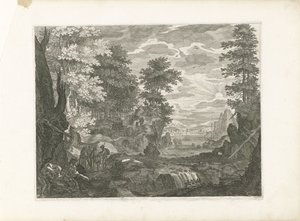Vesiputous, jossa kaupunki taustalla Neljä maisemaa Bohemiassa (sarjan nimi) tekijältä Aegidius Sadeler (II) (attributed to)