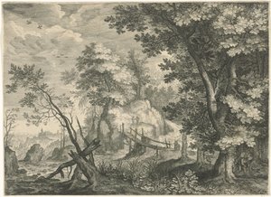 Metsämaisema puusillalla Vuoristomaisemat Tirolista (sarjan nimi) tekijältä Egidius  Sadeler (II)