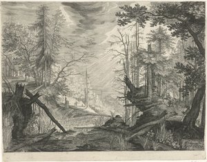 Kolme metsästäjää joen rannalla metsässä Vuoristomaisemat Tirolista (sarjan nimi) tekijältä Egidius  Sadeler (II)