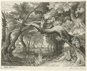 Hirvenmetsästys metsäjärvellä Kuusi maisemaa (sarjan nimi) tekijältä Egidius  Sadeler (II)
