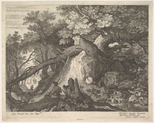 Mies pitelee sauvaa ja istuu puunrungolla, kaksi vuohet molemmilla puolilla, surro..., n. 1600.