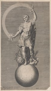 Allegorinen soturihahmo maapallolla seisovasta paavin vaakuna..., n. 1588-1629.
