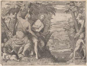 Angelica ja Medoro, he seisovat puron vieressä, kun Medoro kaivertaa heidän nimensä tr..., 1590-98.