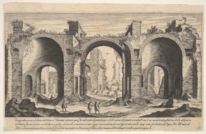 Levy 19: näkymä Caracallan kylpylöistä, osoittaen kaiverretulla A-kirjaimella paikat ..., 1606. tekijältä Aegidius Sadeler II