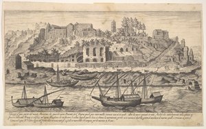 Levy 21: Näkymä Rooman Aventine-kukkulan raunioista lännestä, veneillä joella..., 1606.