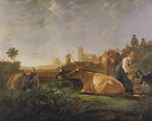 Kaukaisnäkymä Dordrechtista, jossa on nukkuva paimen ja viisi lehmää ("Pieni Dort"), noin 1650-52