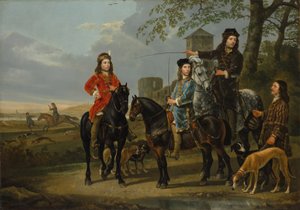 Cornelis ja Michiel Pompe van Meerdervoortin ratsastajamuotokuva ja heidän ohjaajansa ja valmentajansa metsästykseen lähdössä, noin 1652-53. tekijältä Aelbert Cuyp