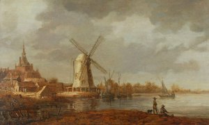 Jokimaisema näköalalla Dordrechtiin (öljy paneelille) tekijältä Aelbert Cuyp