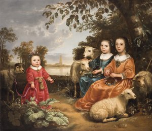 Kolme tyttöä lampaiden kanssa maisemassa tekijältä Aelbert Cuyp