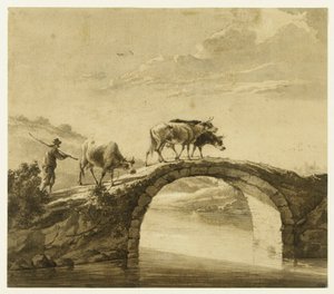 Kolme lehmää sillalla (Lugt 16) tekijältä Aelbert Cuyp