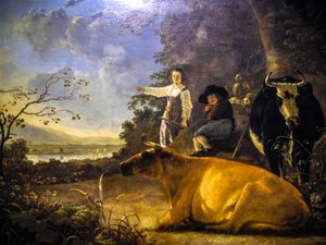 Kaksi lehmää ja paimen ja paimentolainen tekijältä Aelbert Cuyp