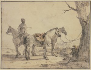 Kaksi satuloitua hevosta on sidottu puuhun, ja niiden vieressä on ratsastaja tekijältä Aelbert Cuyp