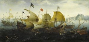 Cadizin taistelu hollantilaiset ja englantilaiset laivat hyökkäävät espanjalaiseen Armadaan, 1608 tekijältä Aert Anthonisz