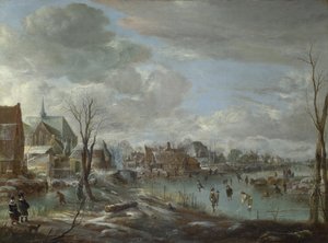 Jäätynyt joki lähellä kylää, golfaajien ja luistelijoiden kanssa, c. 1647-1648 tekijältä Aert van der Neer