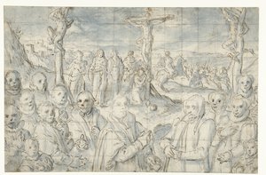 Ristiinnaulitseminen perustajan ja hänen perheensä kanssa tekijältä Aert Pietersz.