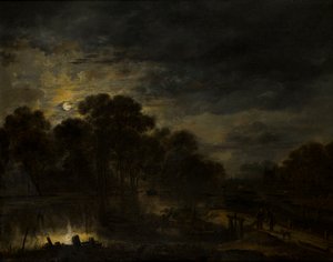 Moonlightin jokimaisema, n. 1623-1677 (öljy kankaalle) tekijältä Aert van der Neer