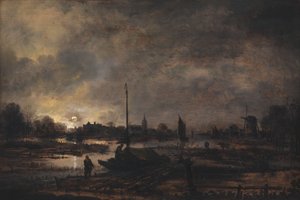 Kuu nousemassa kylän yllä tekijältä Aert van der Neer