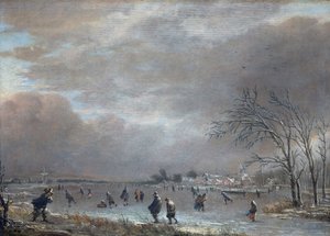 Talvimaisema luistelijoiden kanssa jäätyneellä joella (öljy paneelissa) tekijältä Aert van der Neer