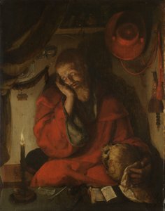 Pyhä Hieronymus tutkimuksessaan kynttilänvalossa tekijältä Aertgen Claesz van Leyden (attributed to)