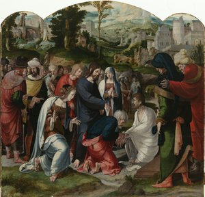 Lasaruksen herättäminen, triptyykin keskipaneeli, n. 1530 tekijältä Aertgen Claesz van Leyden