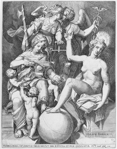 Daavidin psalmin allegoria, Misericordia istuu vasemmalla ja ruokkii neljää lasta..., 1579. tekijältä After Agostino Carracci.