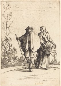 Kerjäläispari, taustalla maisema tekijältä After Jacques Callot