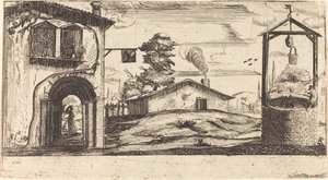 Maisema kaivon kanssa tekijältä After Jacques Callot