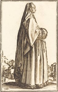 Jalo nainen, jolla on hunnu ja turkista leikattu mekko tekijältä After Jacques Callot